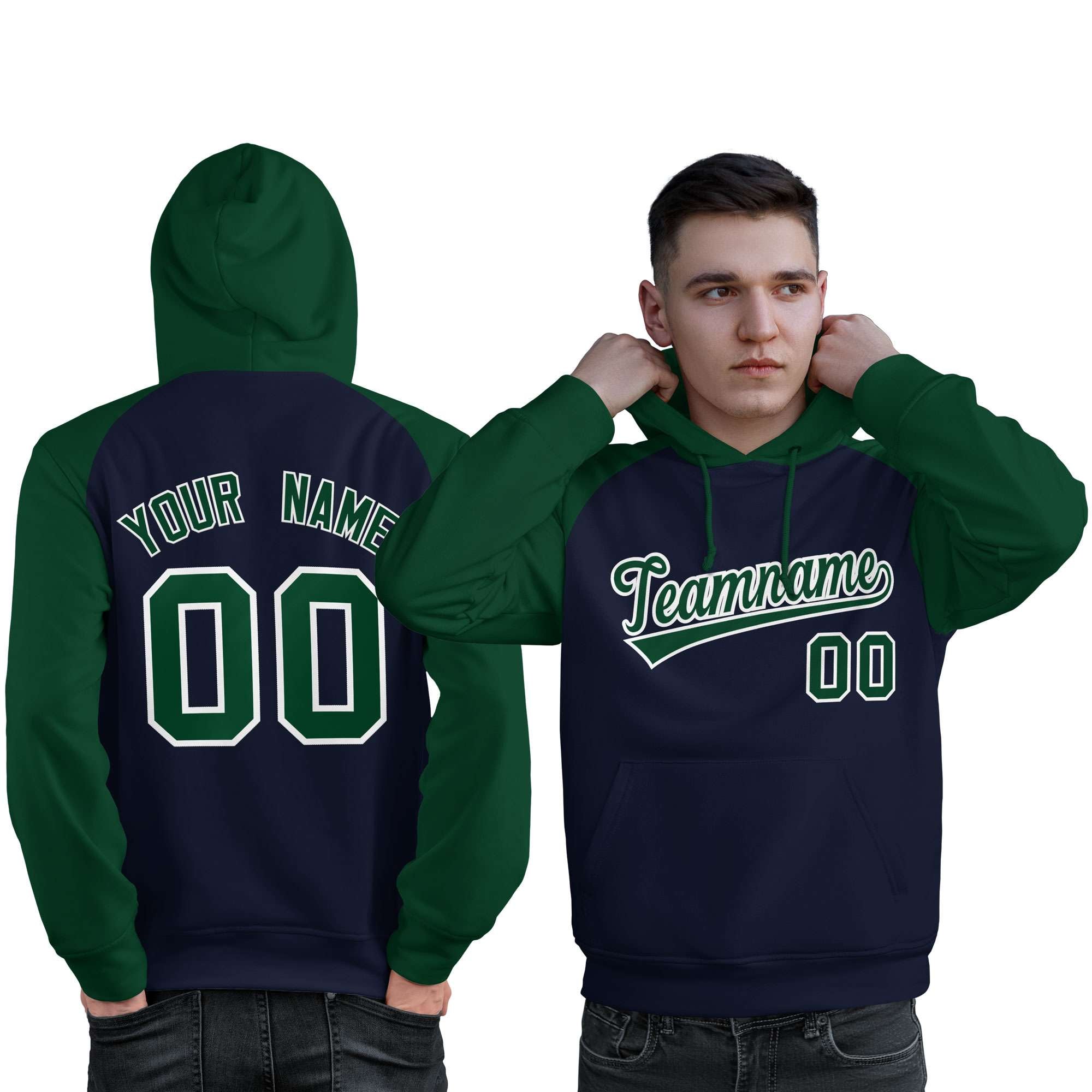 Custom Stitched Navy Green Raglan Sleeves Sports Pullover Sweatshirt Hoodie For Men