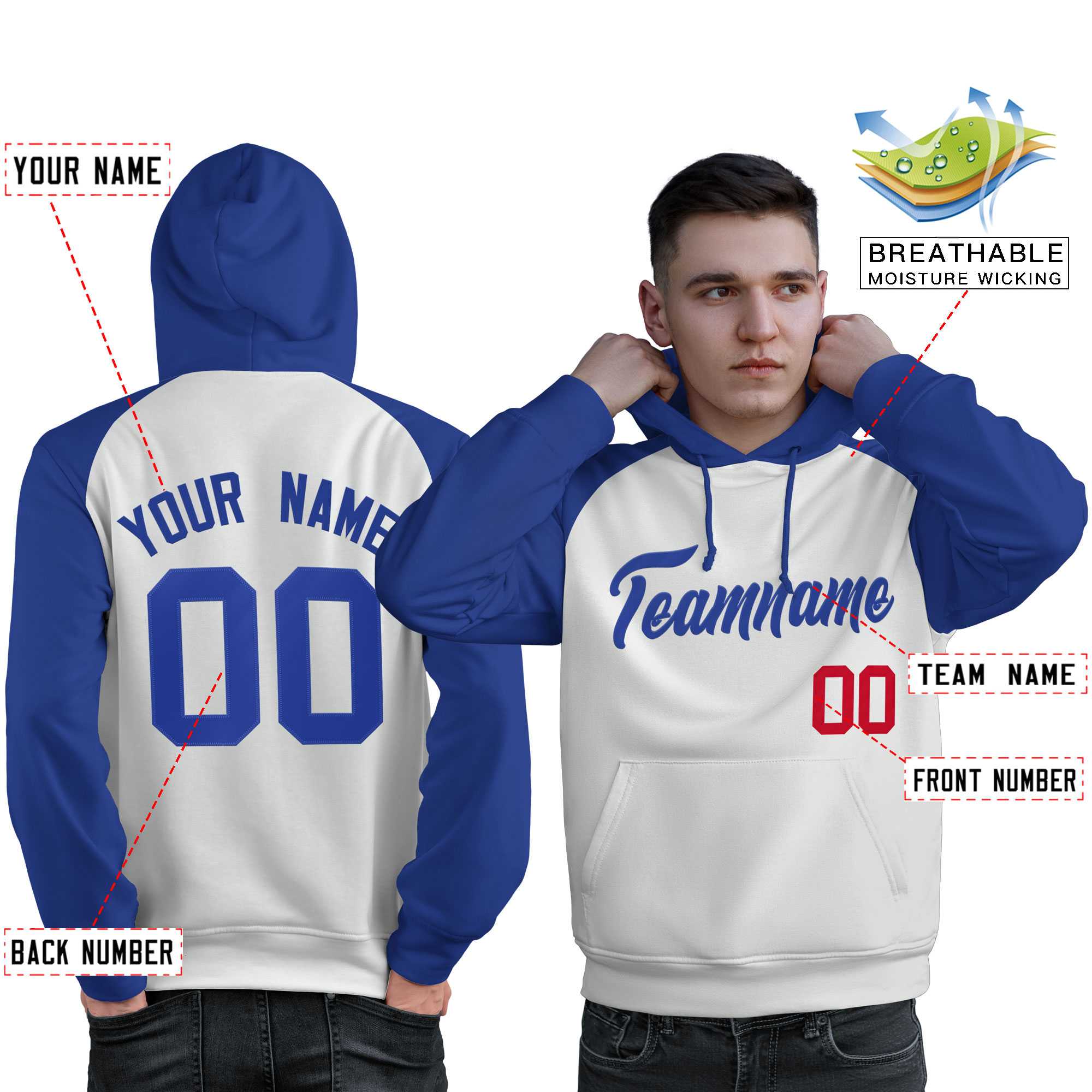 Custom Stitched White Royal Raglan Sleeves Sports Pullover Sweatshirt Hoodie For Men