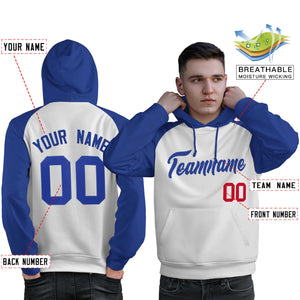 Custom Stitched White Royal Raglan Sleeves Sports Pullover Sweatshirt Hoodie For Men