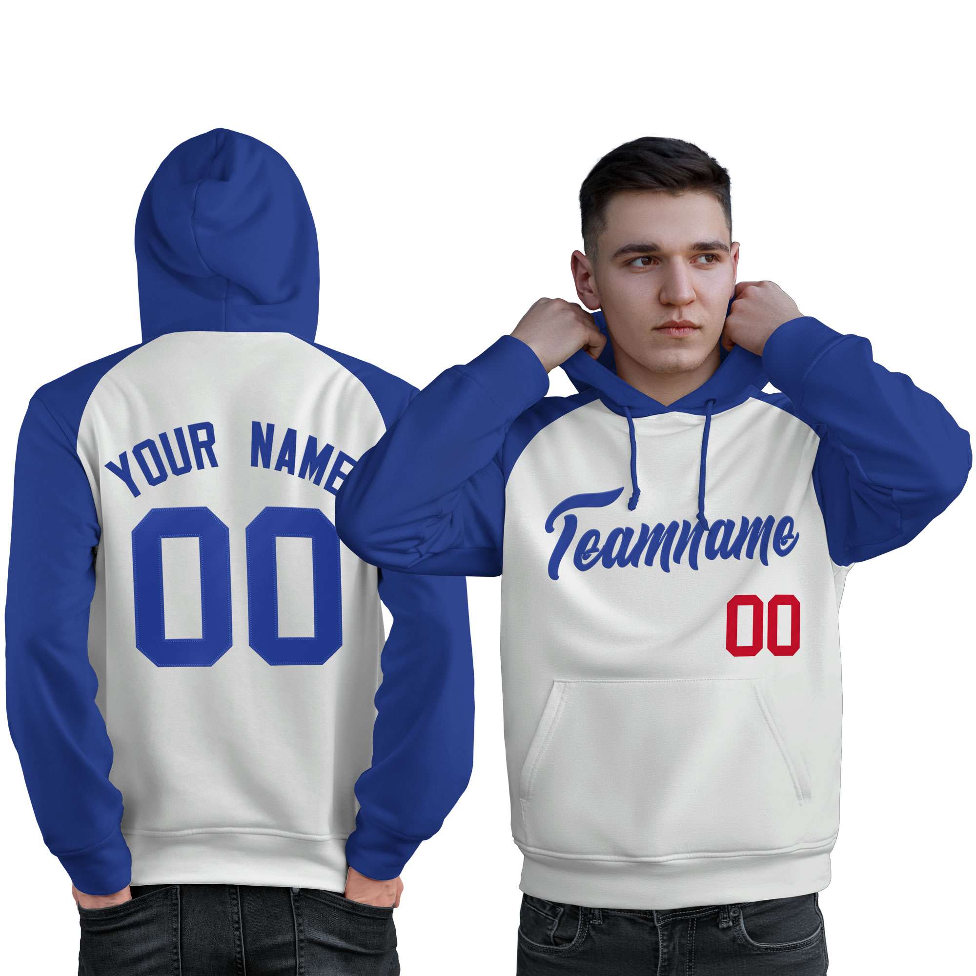 Custom Stitched White Royal Raglan Sleeves Sports Pullover Sweatshirt Hoodie For Men