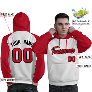 Custom Stitched White Red Raglan Sleeves Sports Pullover Sweatshirt Hoodie For Men