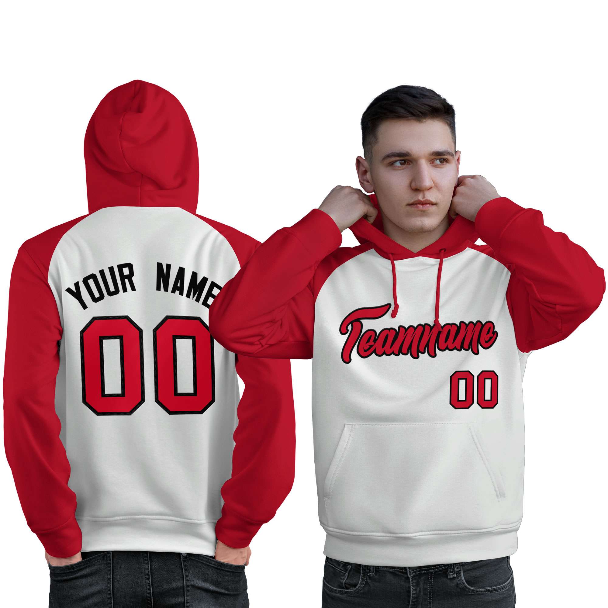 Custom Stitched White Red Raglan Sleeves Sports Pullover Sweatshirt Hoodie For Men