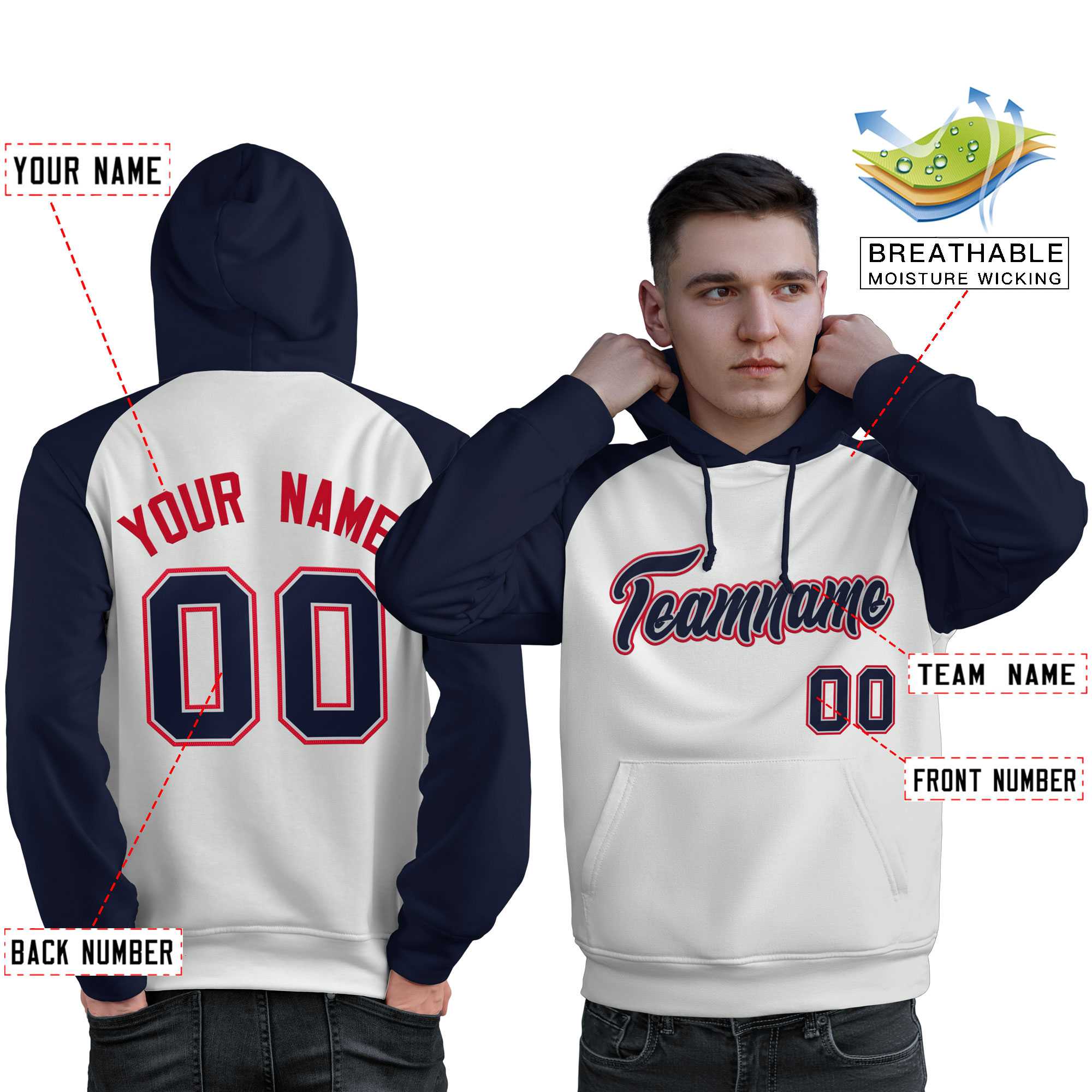 Custom Stitched White Navy Raglan Sleeves Sports Pullover Sweatshirt Hoodie For Men