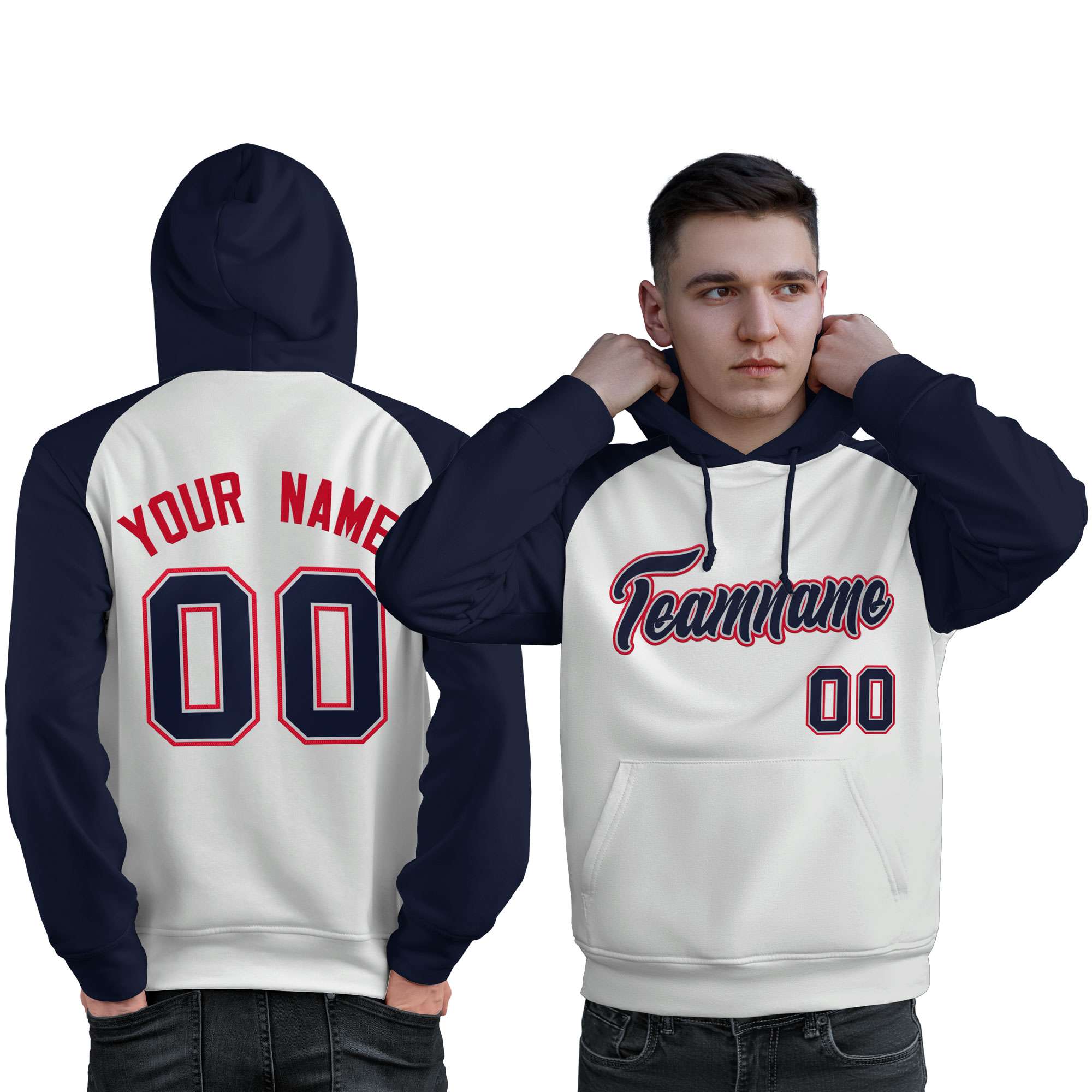 Custom Stitched White Navy Raglan Sleeves Sports Pullover Sweatshirt Hoodie For Men