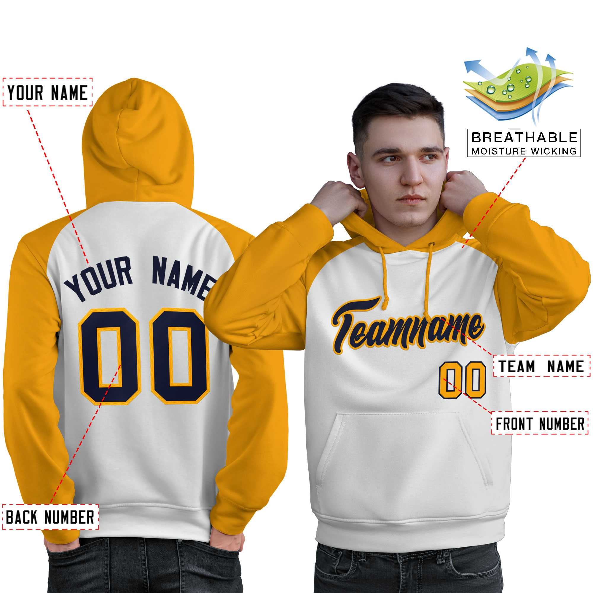 Custom Stitched White Gold-Navy Raglan Sleeves Sports Pullover Sweatshirt Hoodie For Men