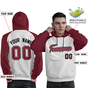 Custom Stitched White Crimson Raglan Sleeves Sports Pullover Sweatshirt Hoodie For Men