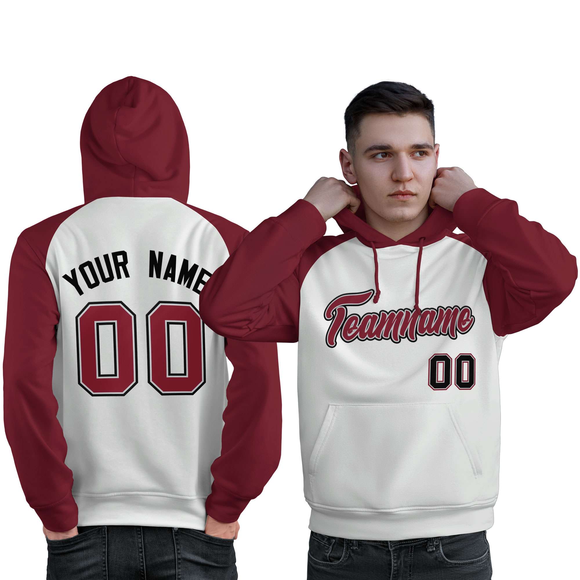 Custom Stitched White Crimson Raglan Sleeves Sports Pullover Sweatshirt Hoodie For Men