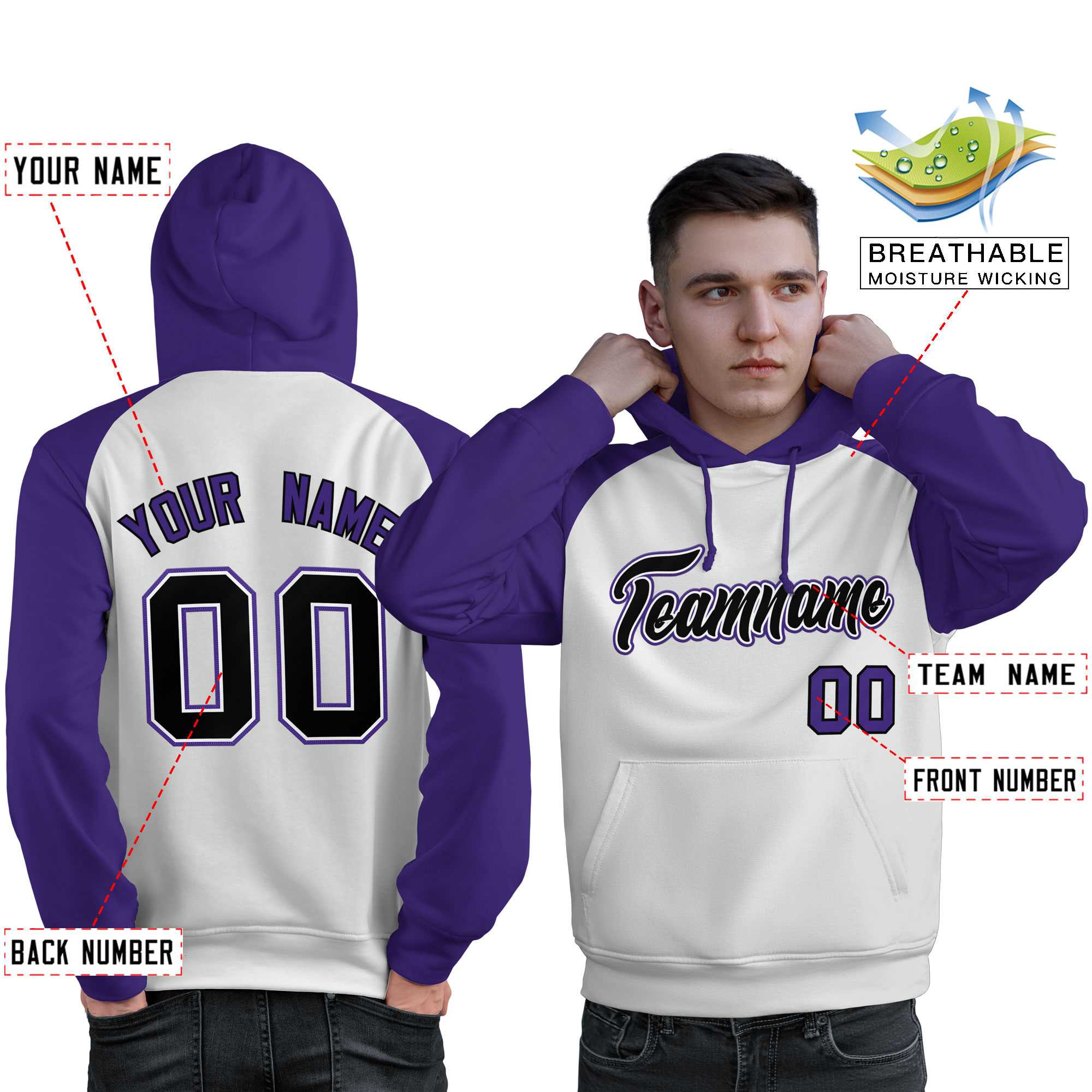 Custom Stitched White Purple-Black Raglan Sleeves Sports Pullover Sweatshirt Hoodie For Men