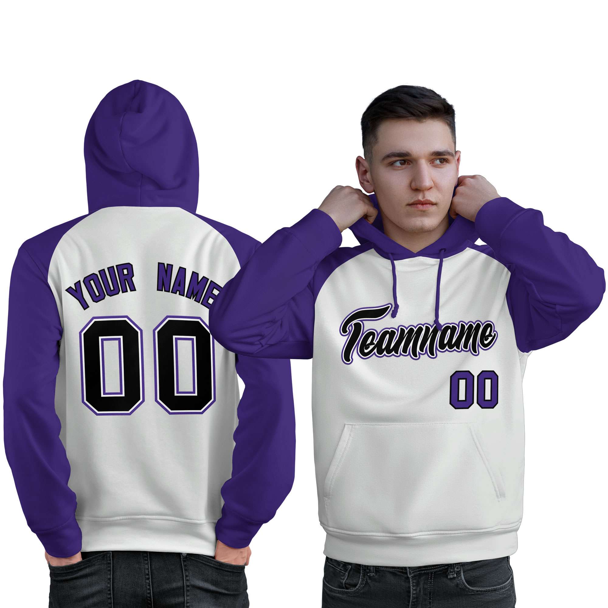 Custom Stitched White Purple-Black Raglan Sleeves Sports Pullover Sweatshirt Hoodie For Men