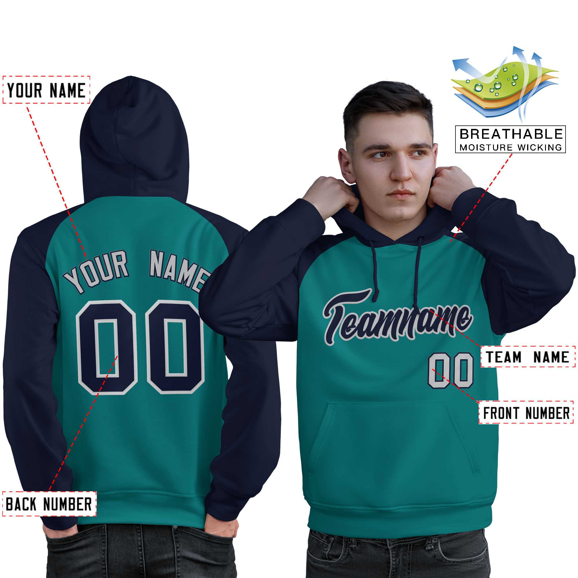 Custom Stitched Aqua Navy Raglan Sleeves Sports Pullover Sweatshirt Hoodie For Men