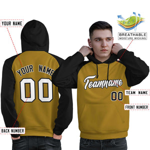 Custom Stitched Old Gold Black-White Raglan Sleeves Sports Pullover Sweatshirt Hoodie For Men