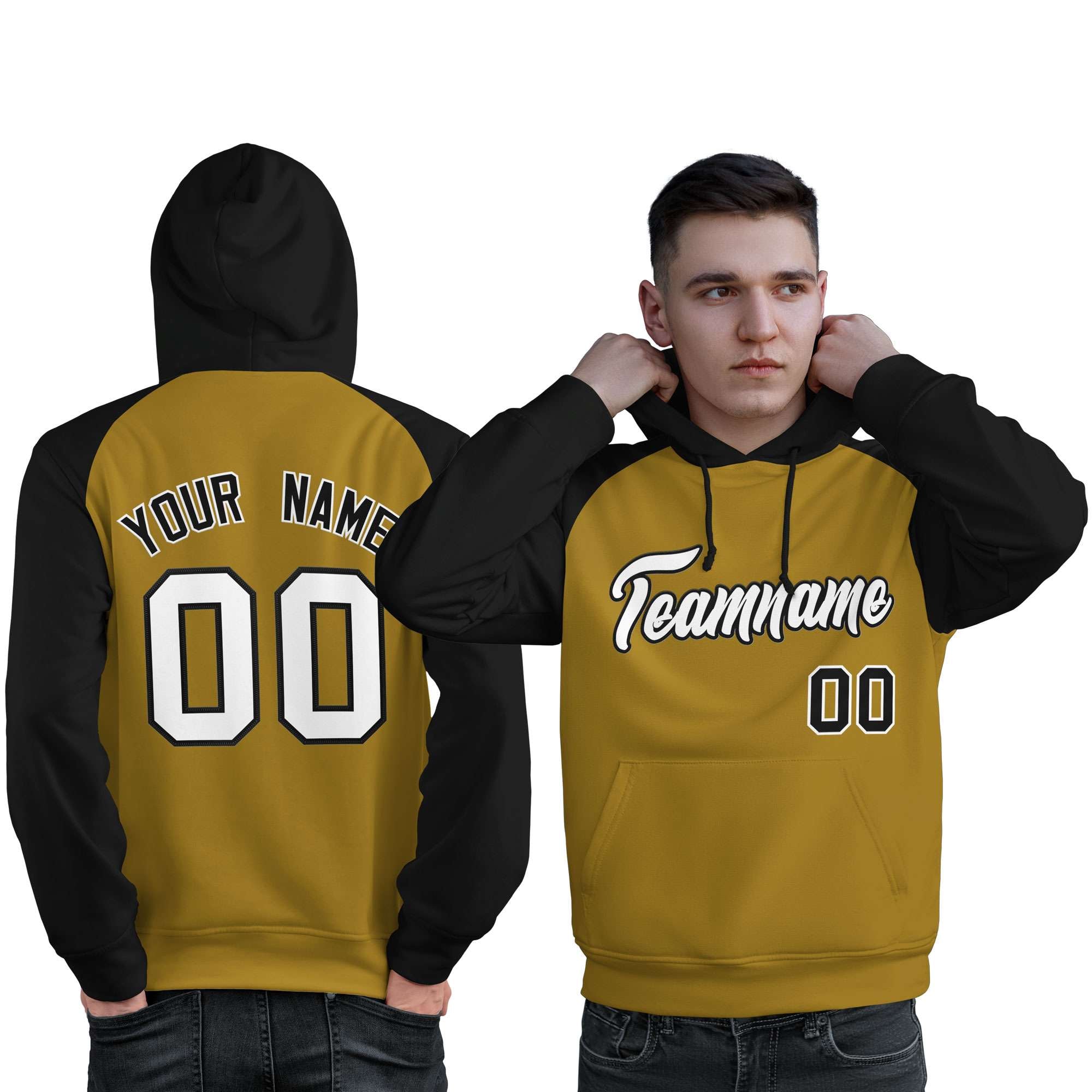 Custom Stitched Old Gold Black-White Raglan Sleeves Sports Pullover Sweatshirt Hoodie For Men