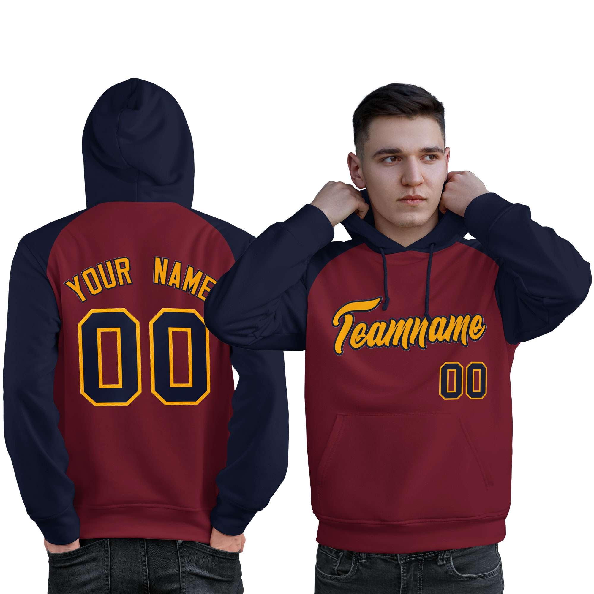 Custom Stitched Crimson Navy-Gold Raglan Sleeves Sports Pullover Sweatshirt Hoodie For Men