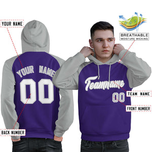 Custom Stitched Purple Gray-White Raglan Sleeves Sports Pullover Sweatshirt Hoodie For Men