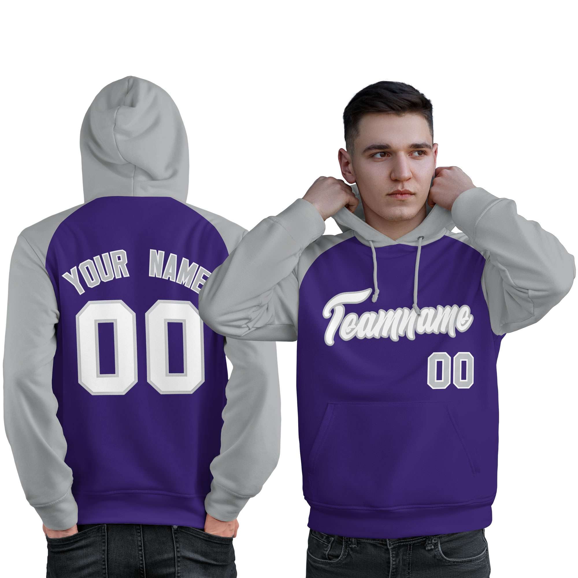 Custom Stitched Purple Gray-White Raglan Sleeves Sports Pullover Sweatshirt Hoodie For Men