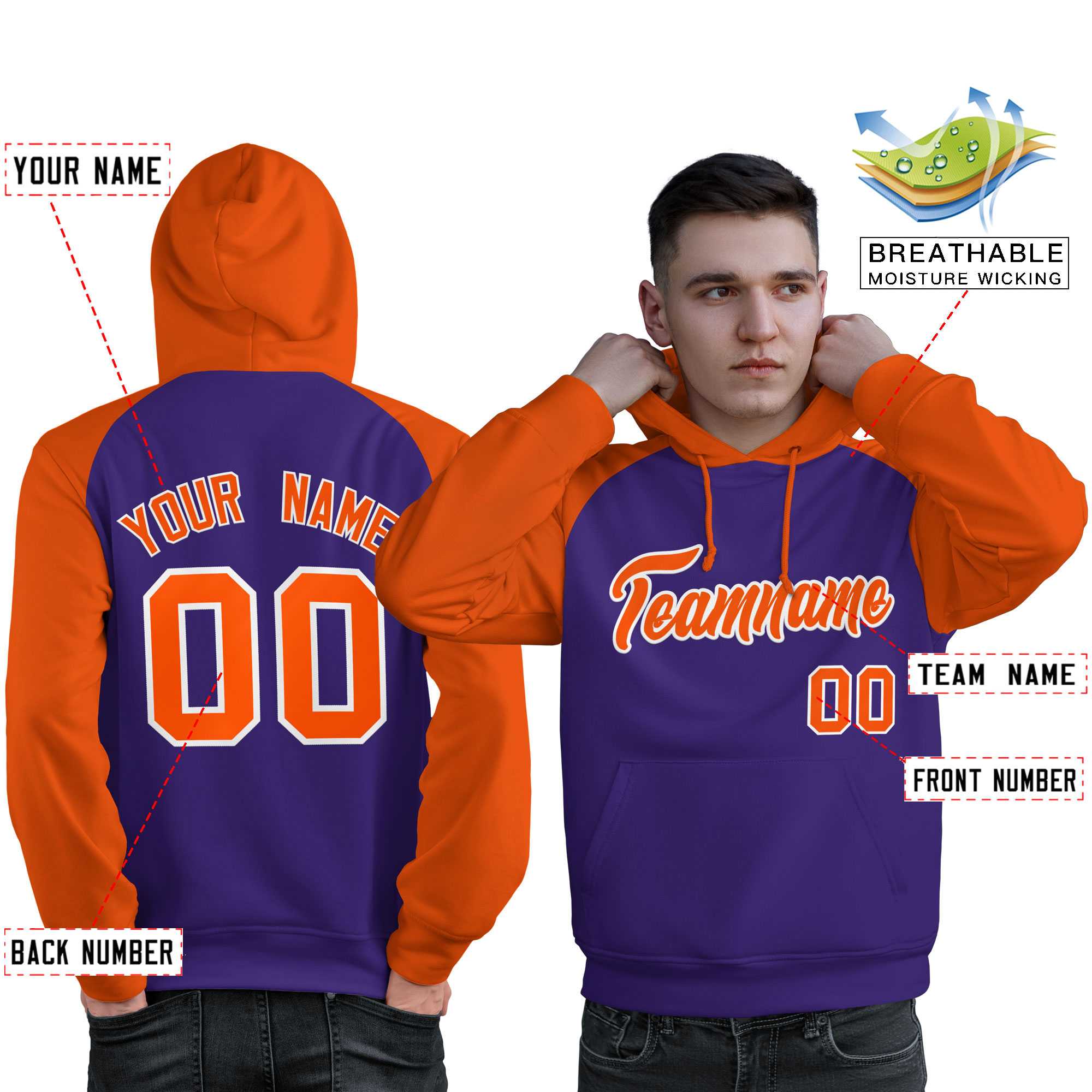 Custom Stitched Purple Orange Raglan Sleeves Sports Pullover Sweatshirt Hoodie For Men