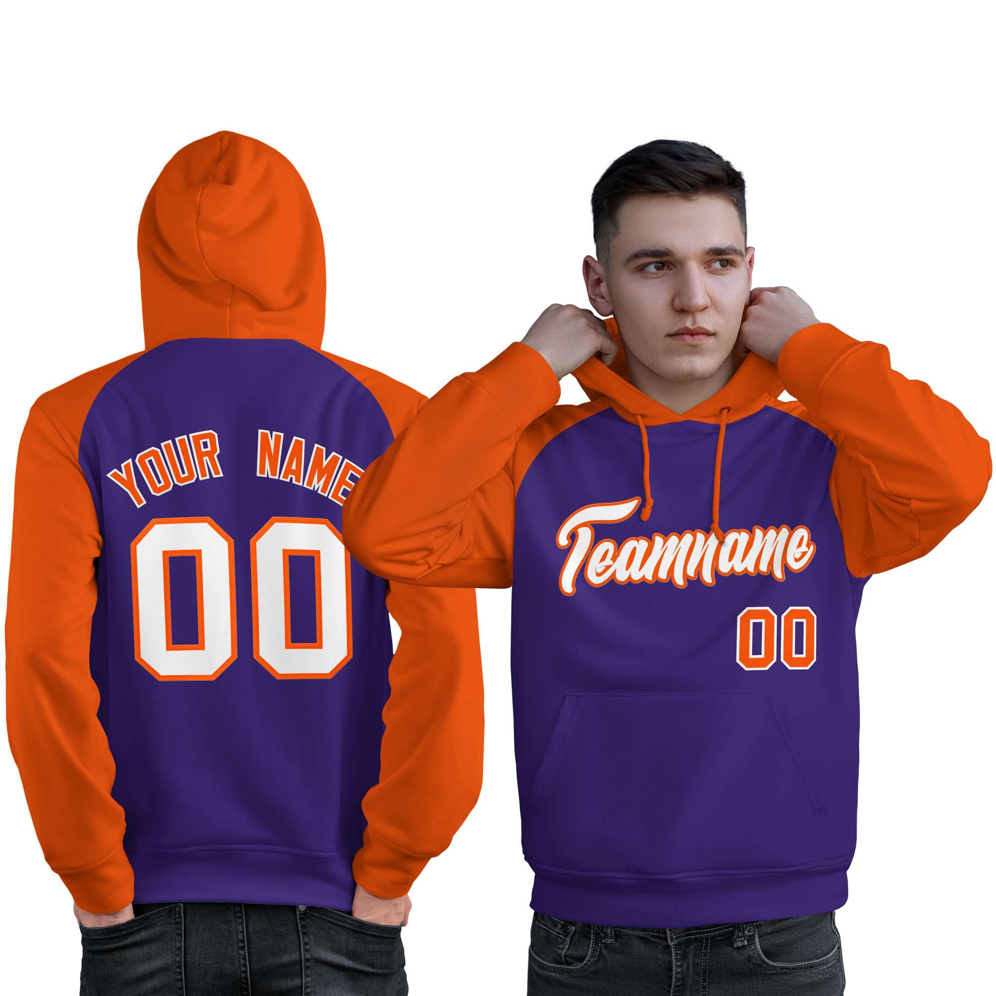 Custom Stitched Purple Orange-White Raglan Sleeves Sports Pullover Sweatshirt Hoodie For Men