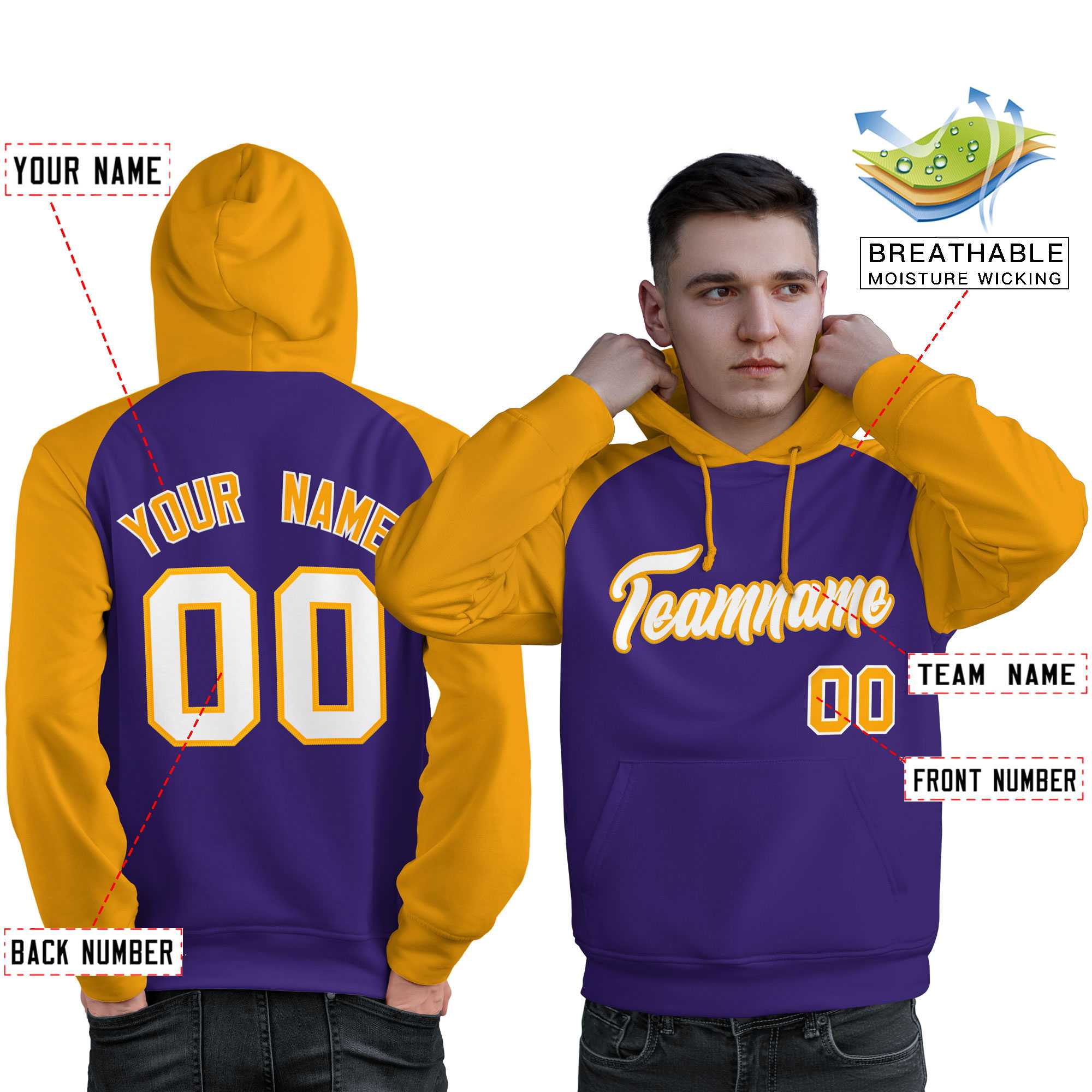 Custom Stitched Purple Gold-White Raglan Sleeves Sports Pullover Sweatshirt Hoodie For Men