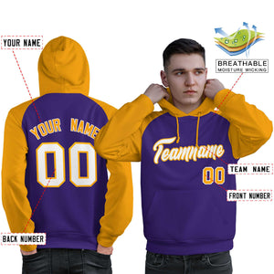 Custom Stitched Purple Gold-White Raglan Sleeves Sports Pullover Sweatshirt Hoodie For Men