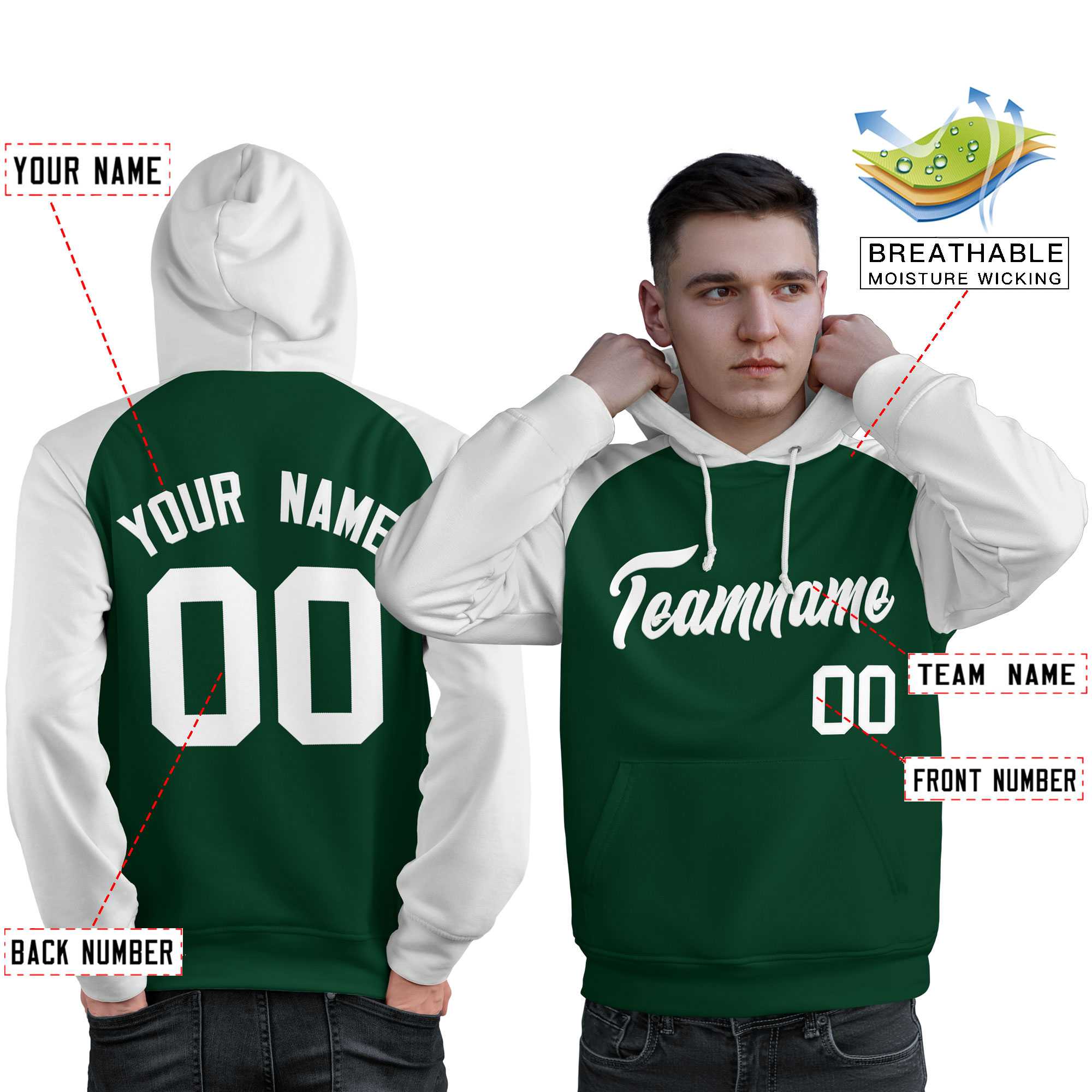 Custom Stitched Green White Raglan Sleeves Sports Pullover Sweatshirt Hoodie For Men