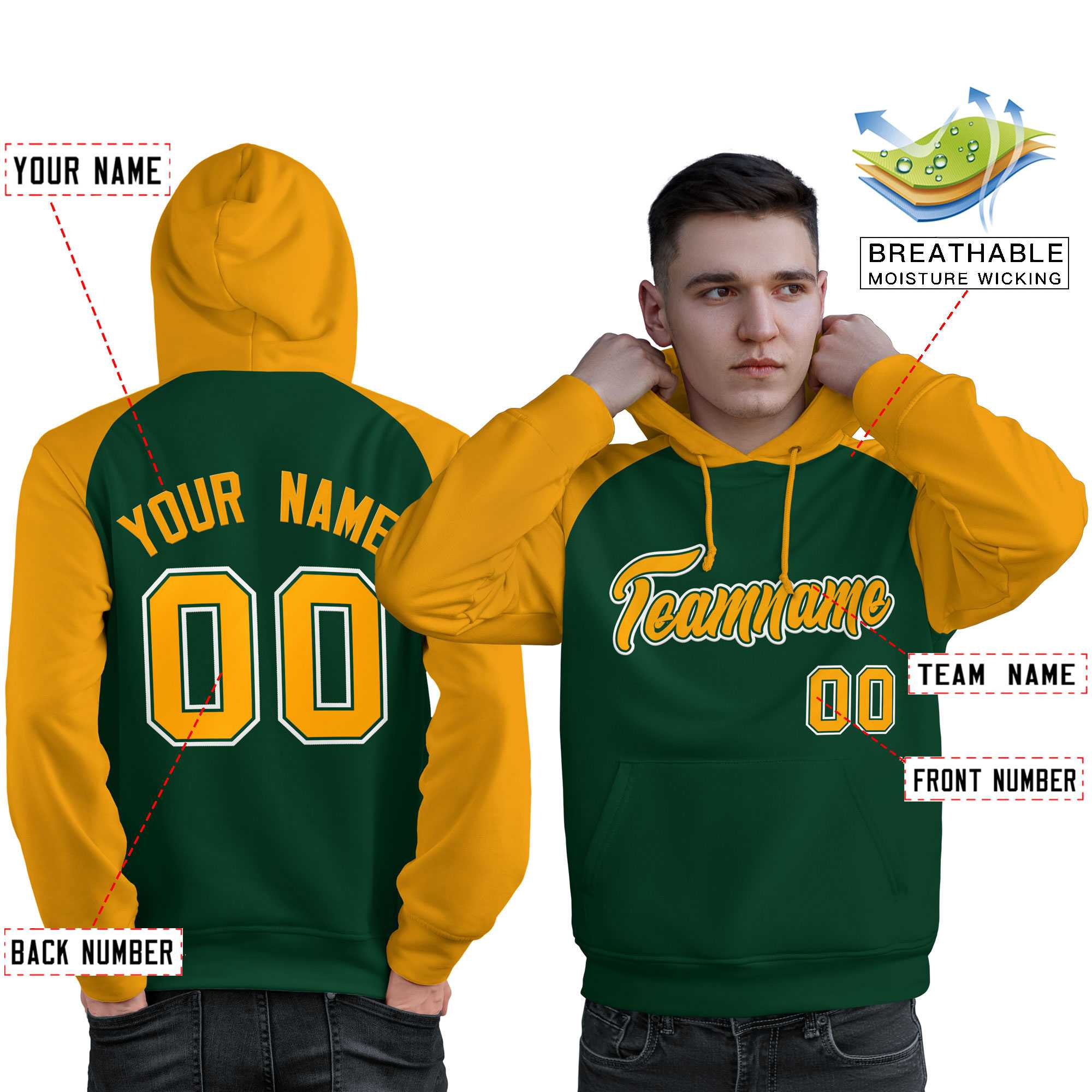 Custom Stitched Green Gold Raglan Sleeves Sports Pullover Sweatshirt Hoodie For Men