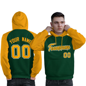 Custom Stitched Green Gold Raglan Sleeves Sports Pullover Sweatshirt Hoodie For Men