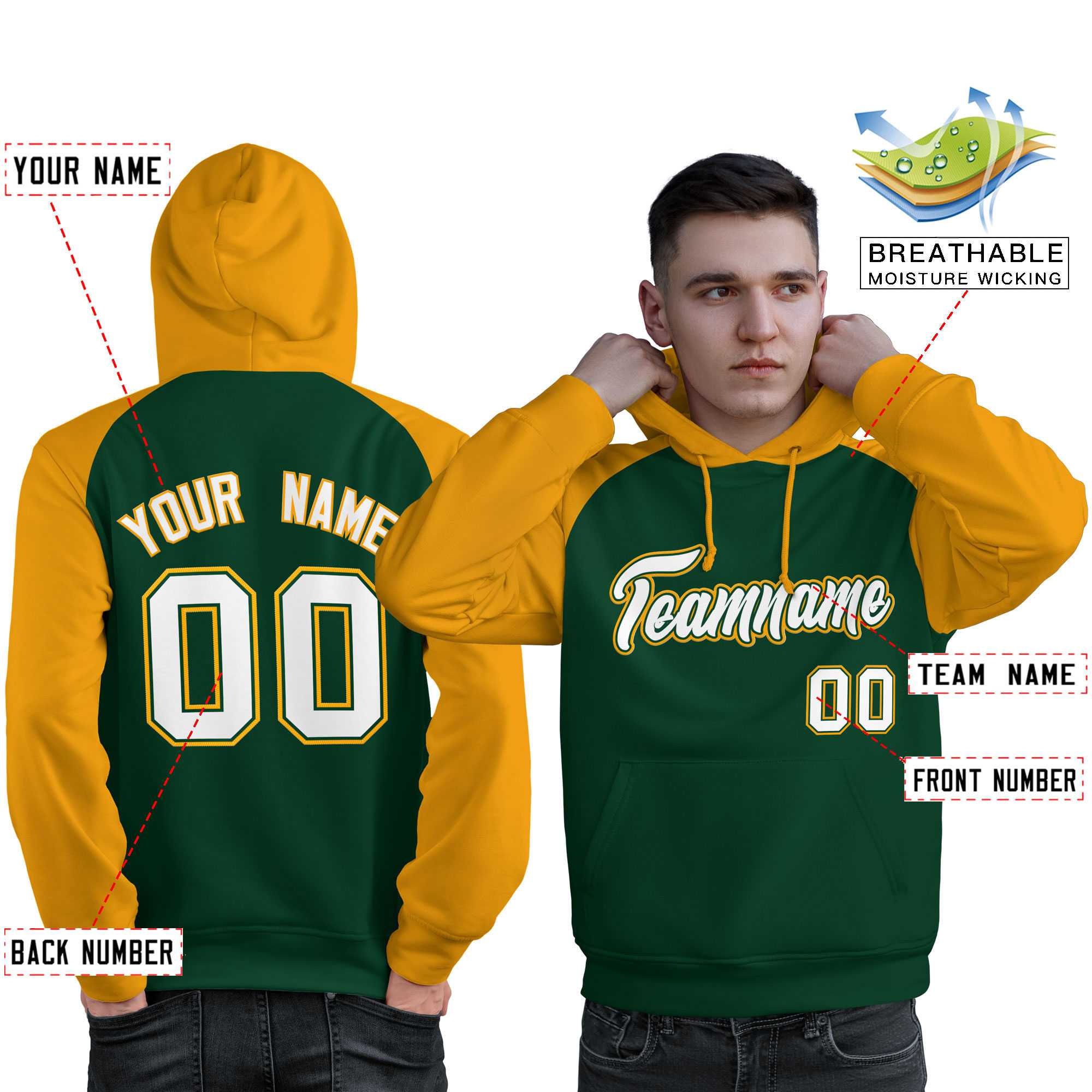 Custom Stitched Green Gold-White Raglan Sleeves Sports Pullover Sweatshirt Hoodie For Men