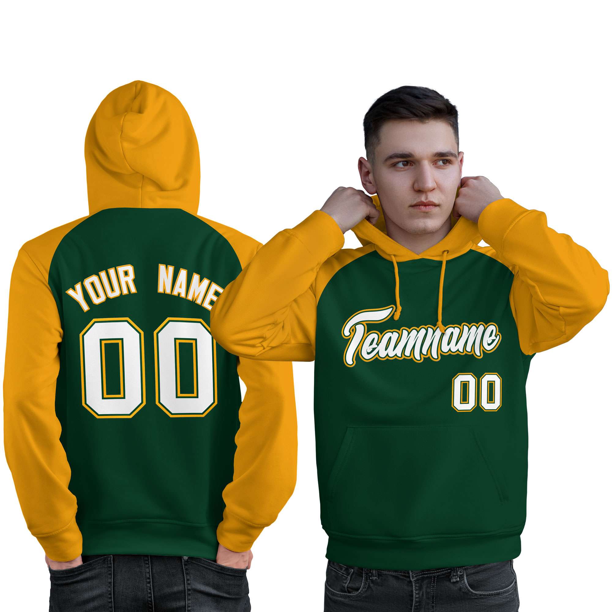 Custom Stitched Green Gold-White Raglan Sleeves Sports Pullover Sweatshirt Hoodie For Men