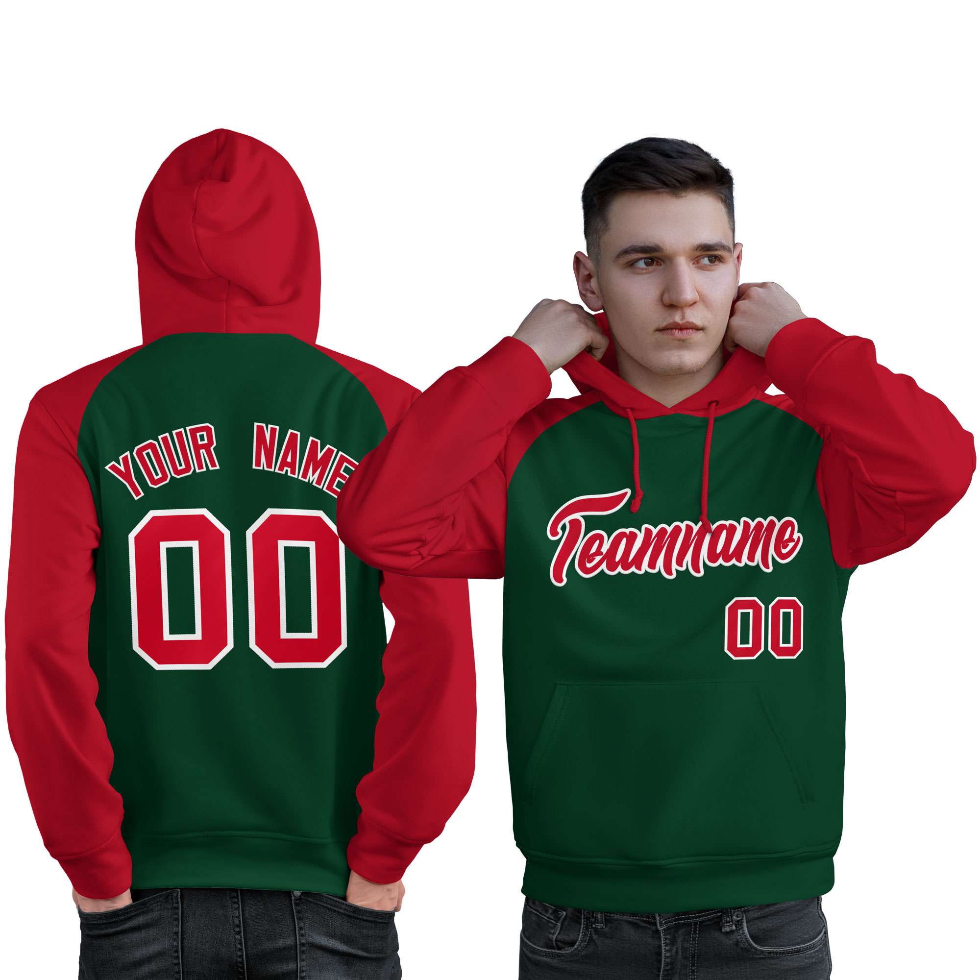 Custom Stitched Green Red Raglan Sleeves Sports Pullover Sweatshirt Hoodie For Men