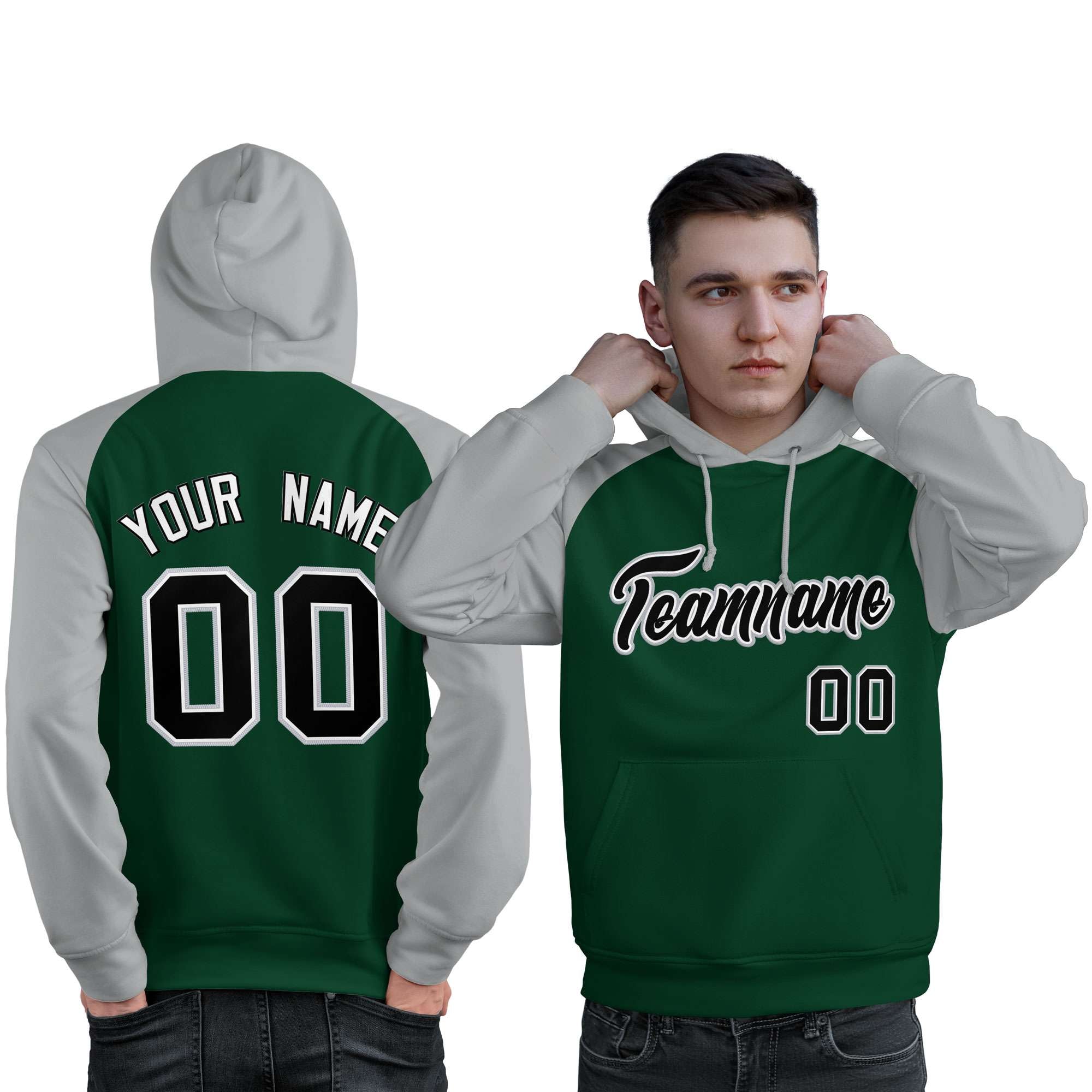 Custom Stitched Green Gray-Black Raglan Sleeves Sports Pullover Sweatshirt Hoodie For Men