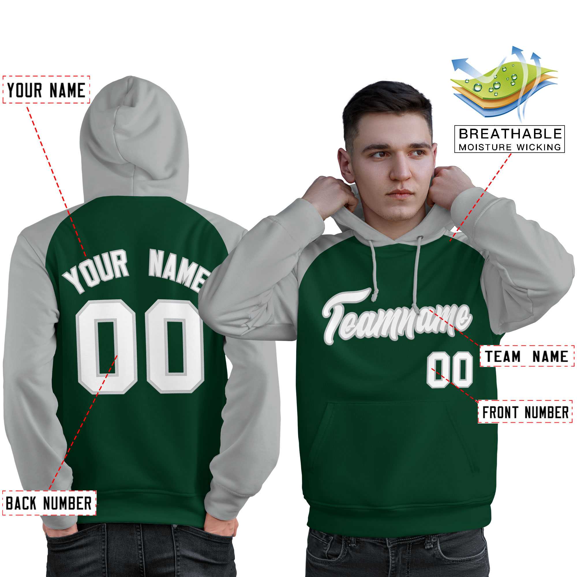 Custom Stitched Green Gray-White Raglan Sleeves Sports Pullover Sweatshirt Hoodie For Men