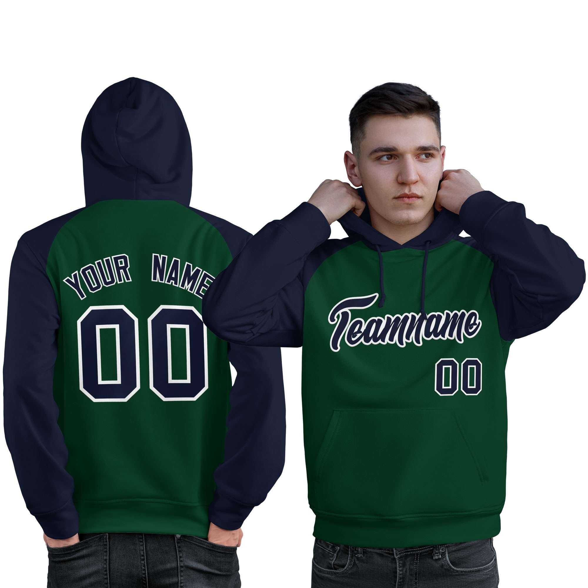 Custom Stitched Green Navy Raglan Sleeves Sports Pullover Sweatshirt Hoodie For Men