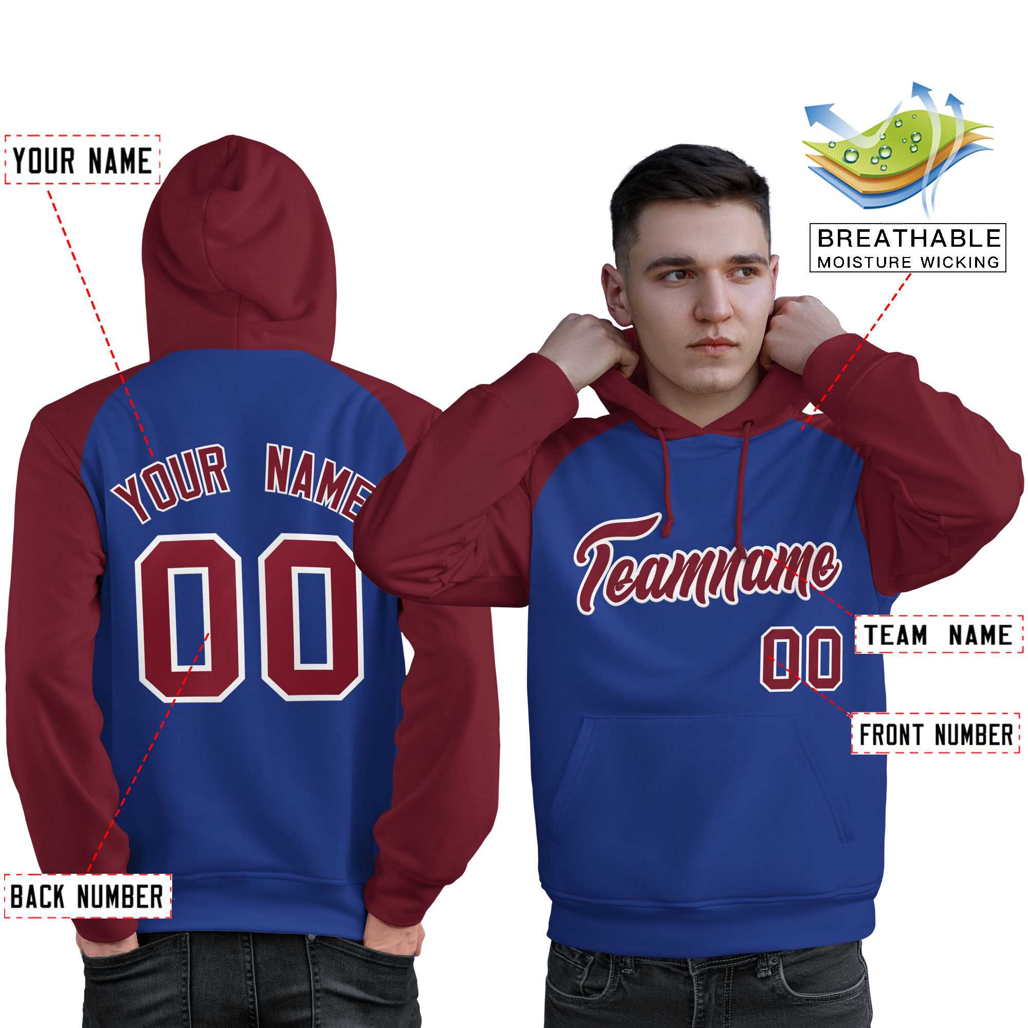 Custom Stitched Royal Crimson Raglan Sleeves Sports Pullover Sweatshirt Hoodie For Men