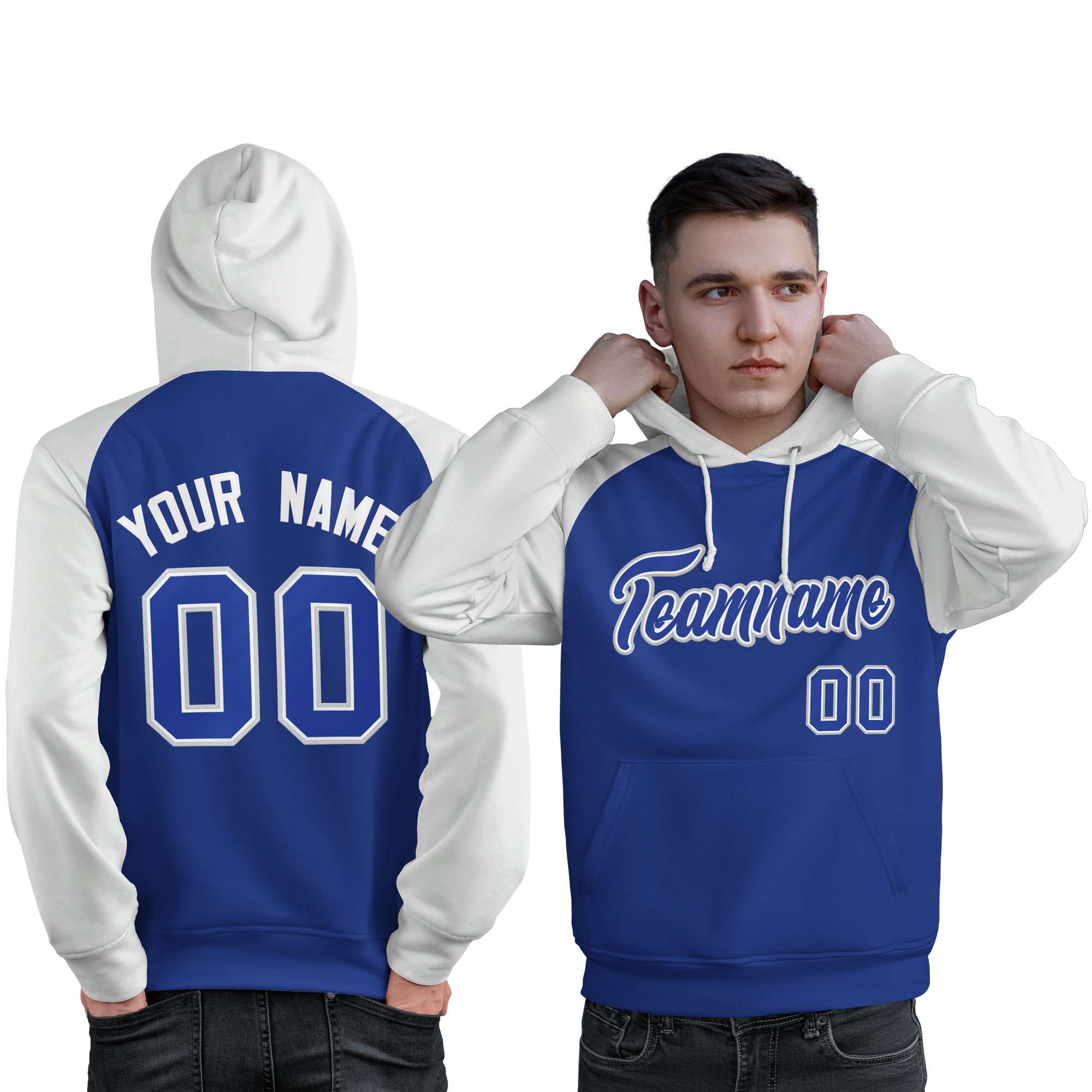 Custom Stitched Royal White Raglan Sleeves Sports Pullover Sweatshirt Hoodie For Men