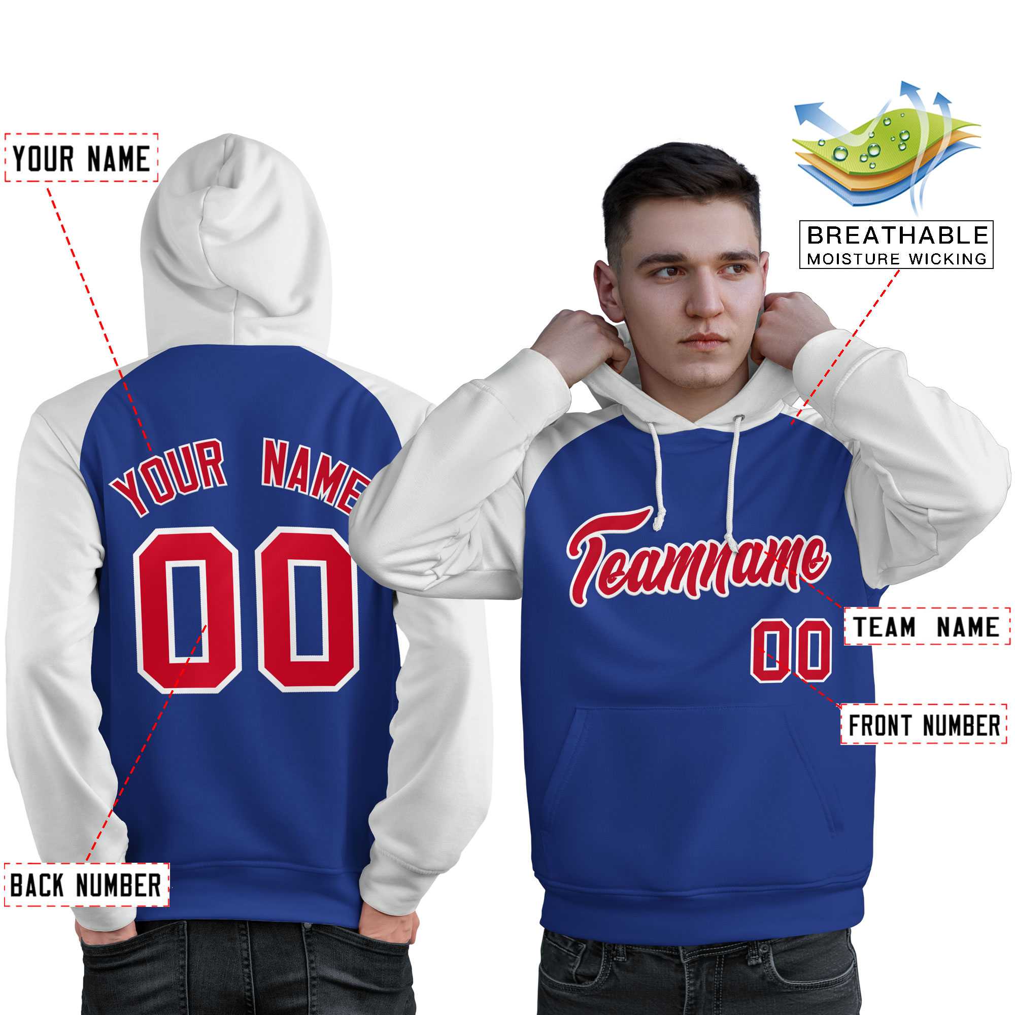 Custom Stitched Royal White-Red Raglan Sleeves Sports Pullover Sweatshirt Hoodie For Men