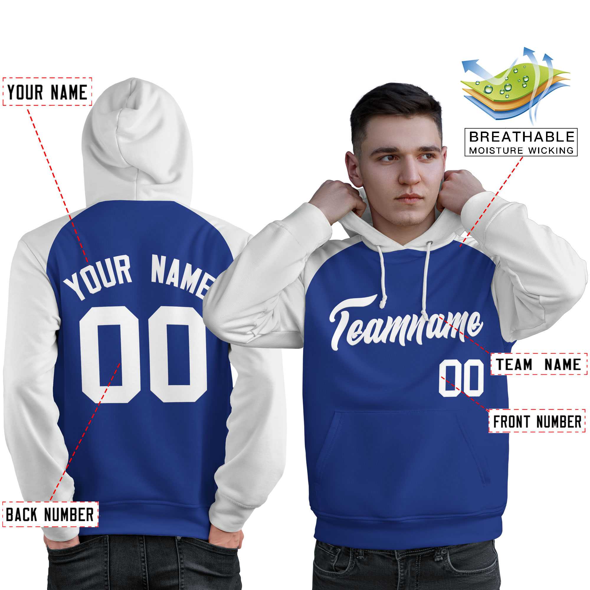 Custom Stitched Royal White Raglan Sleeves Sports Pullover Sweatshirt Hoodie For Men