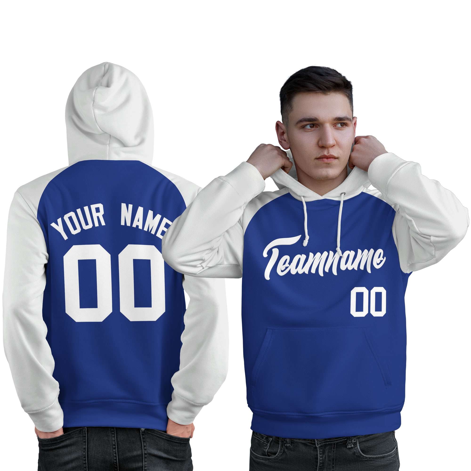 Custom Stitched Royal White Raglan Sleeves Sports Pullover Sweatshirt Hoodie For Men