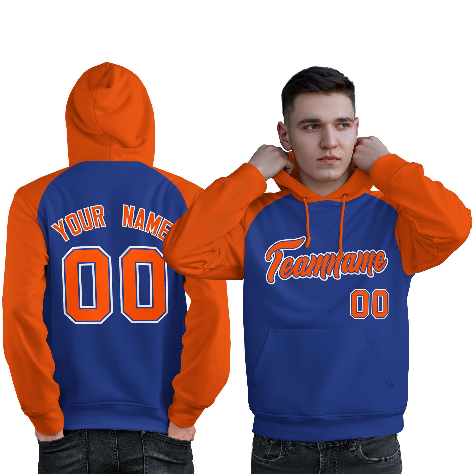 Custom Stitched Royal Orange Raglan Sleeves Sports Pullover Sweatshirt Hoodie For Men