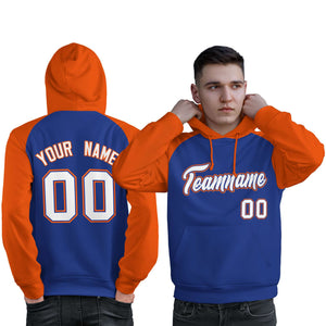 Custom Stitched Royal Orange-White Raglan Sleeves Sports Pullover Sweatshirt Hoodie For Men