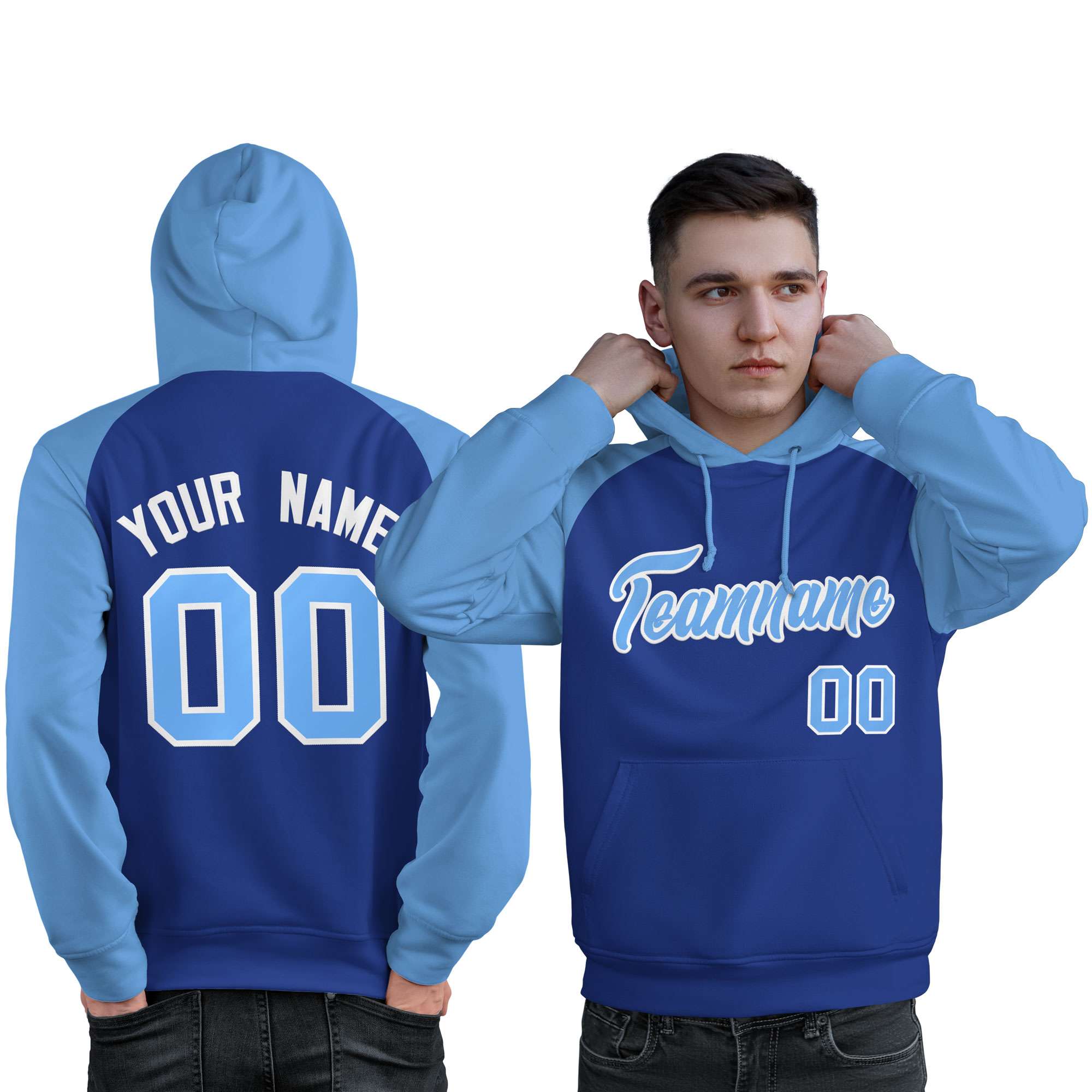 Custom Stitched Royal Powder Blue Raglan Sleeves Sports Pullover Sweatshirt Hoodie For Men