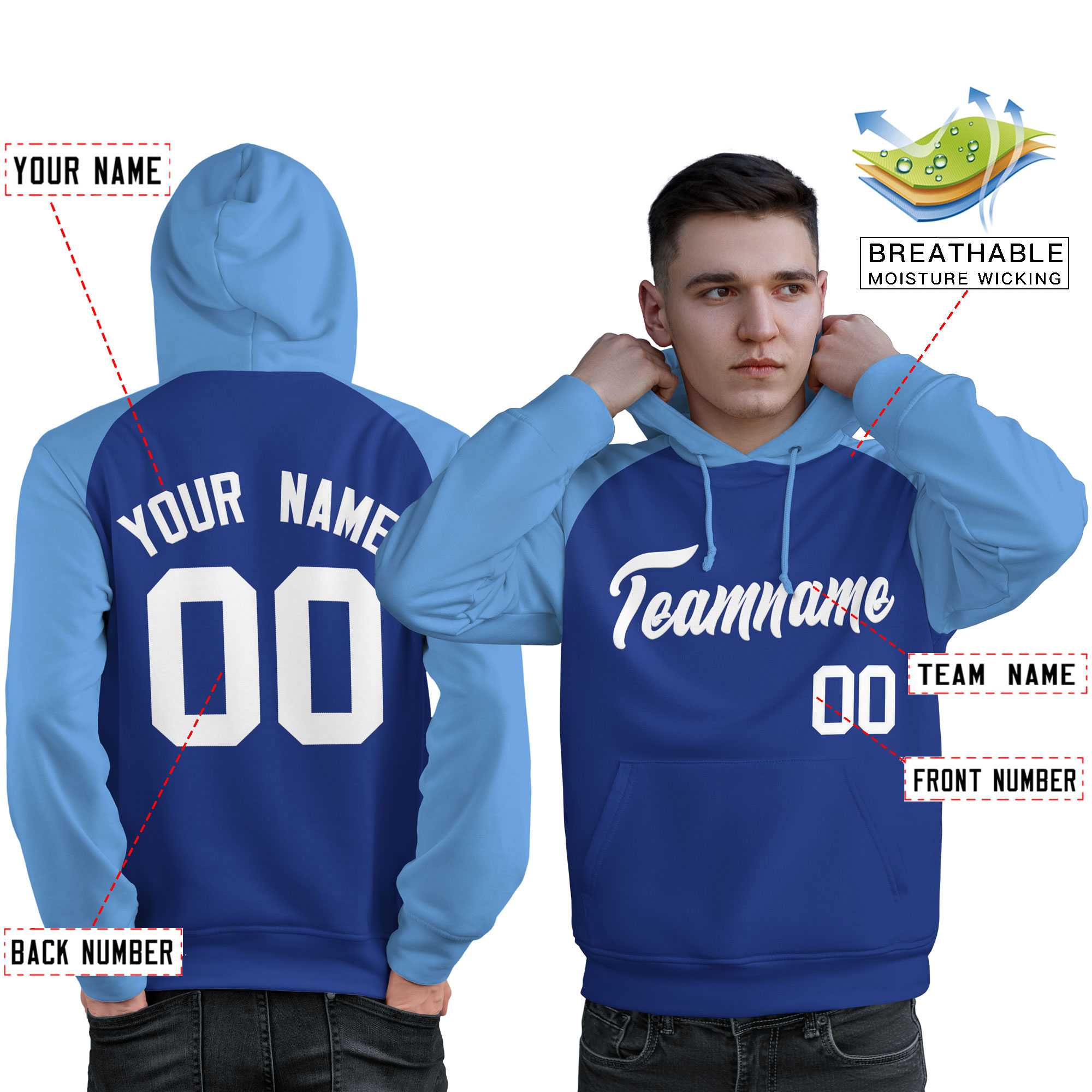 Custom Stitched Royal Powder Blue-White Raglan Sleeves Sports Pullover Sweatshirt Hoodie For Men