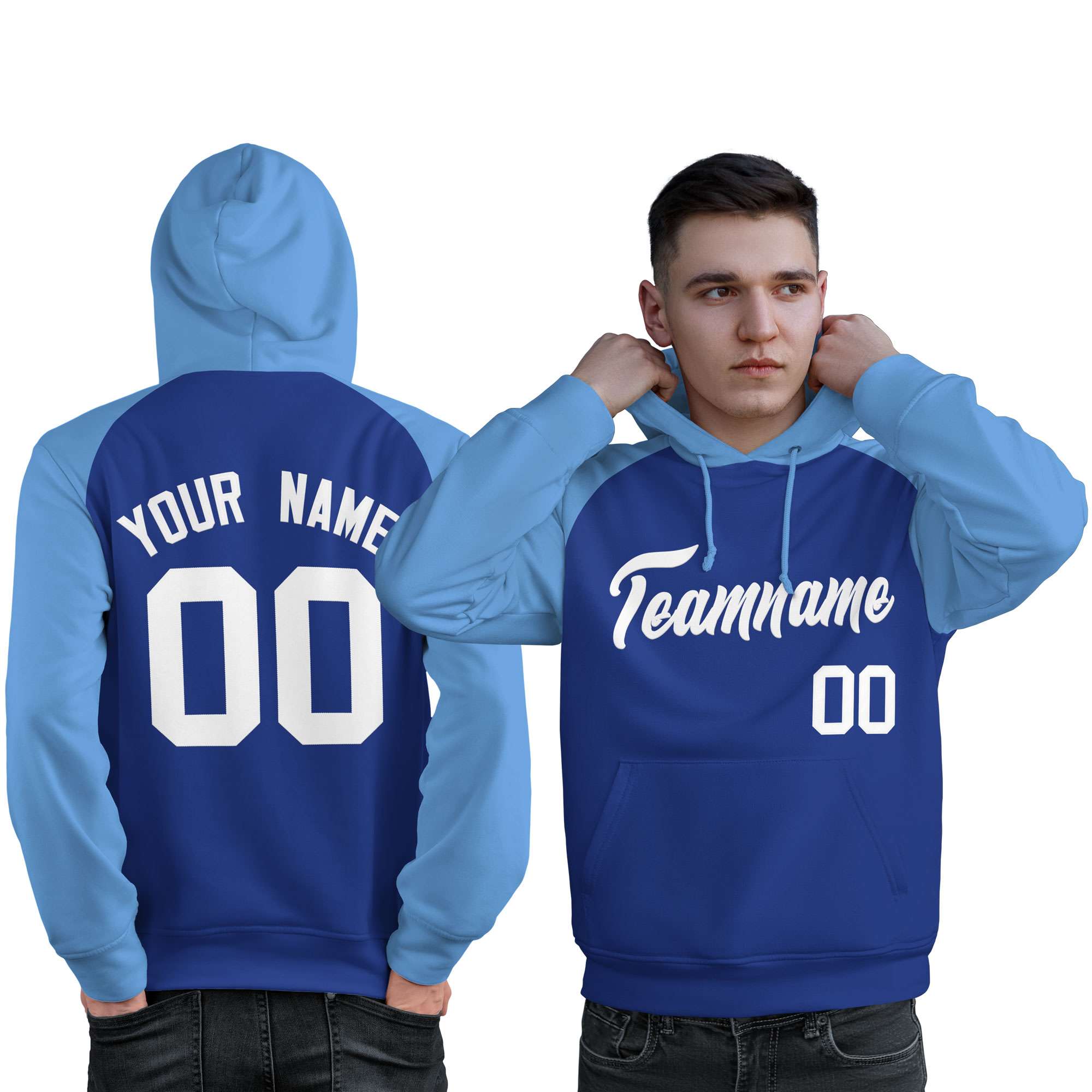 Custom Stitched Royal Powder Blue-White Raglan Sleeves Sports Pullover Sweatshirt Hoodie For Men