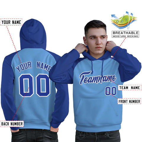 Custom Stitched Powder Blue Royal Raglan Sleeves Sports Pullover Sweatshirt Hoodie For Men