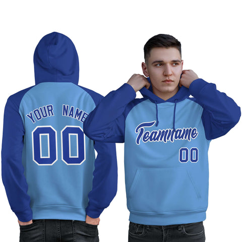 Custom Stitched Powder Blue Royal Raglan Sleeves Sports Pullover Sweatshirt Hoodie For Men