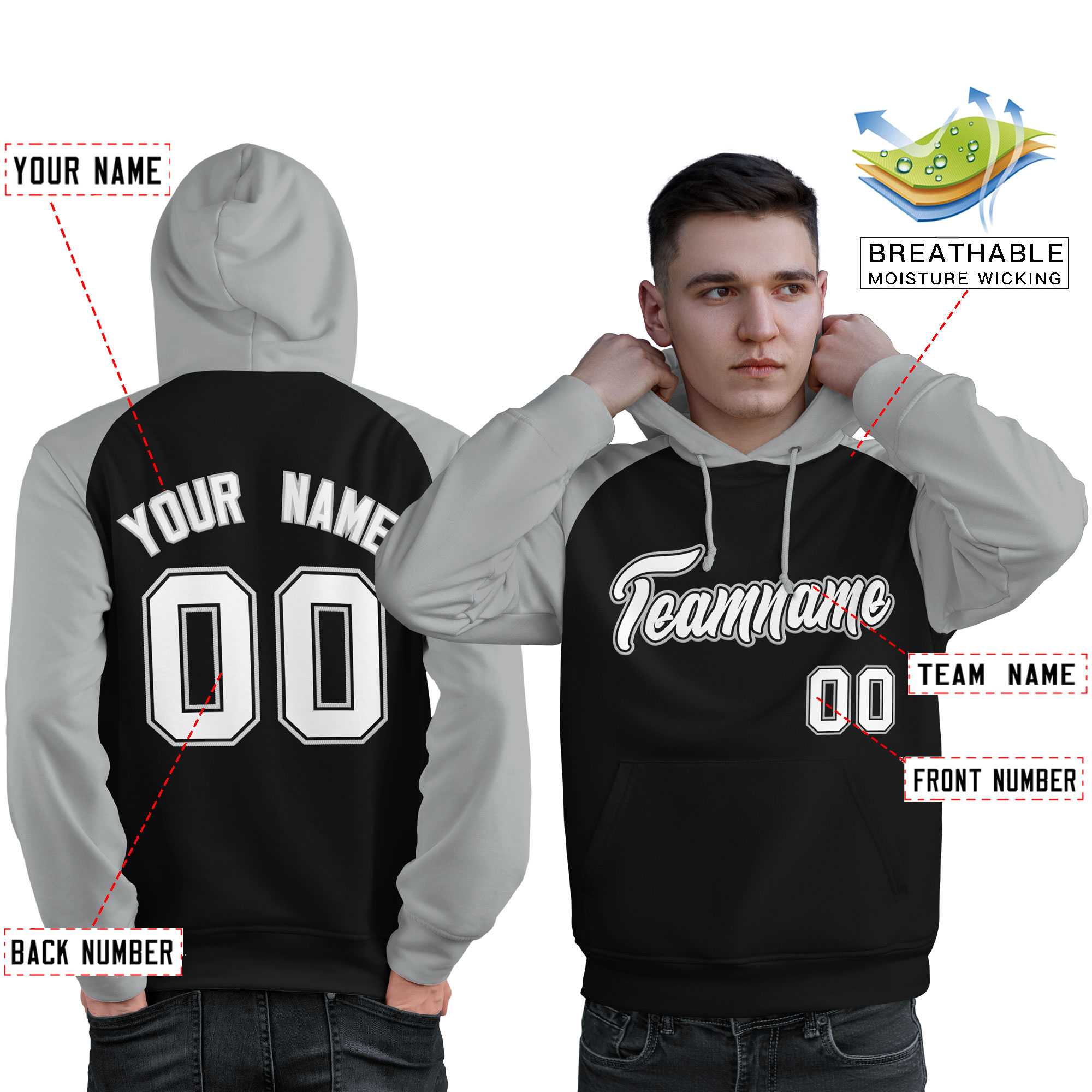 Custom Stitched Black Gray-White Raglan Sleeves Sports Pullover Sweatshirt Hoodie For Men