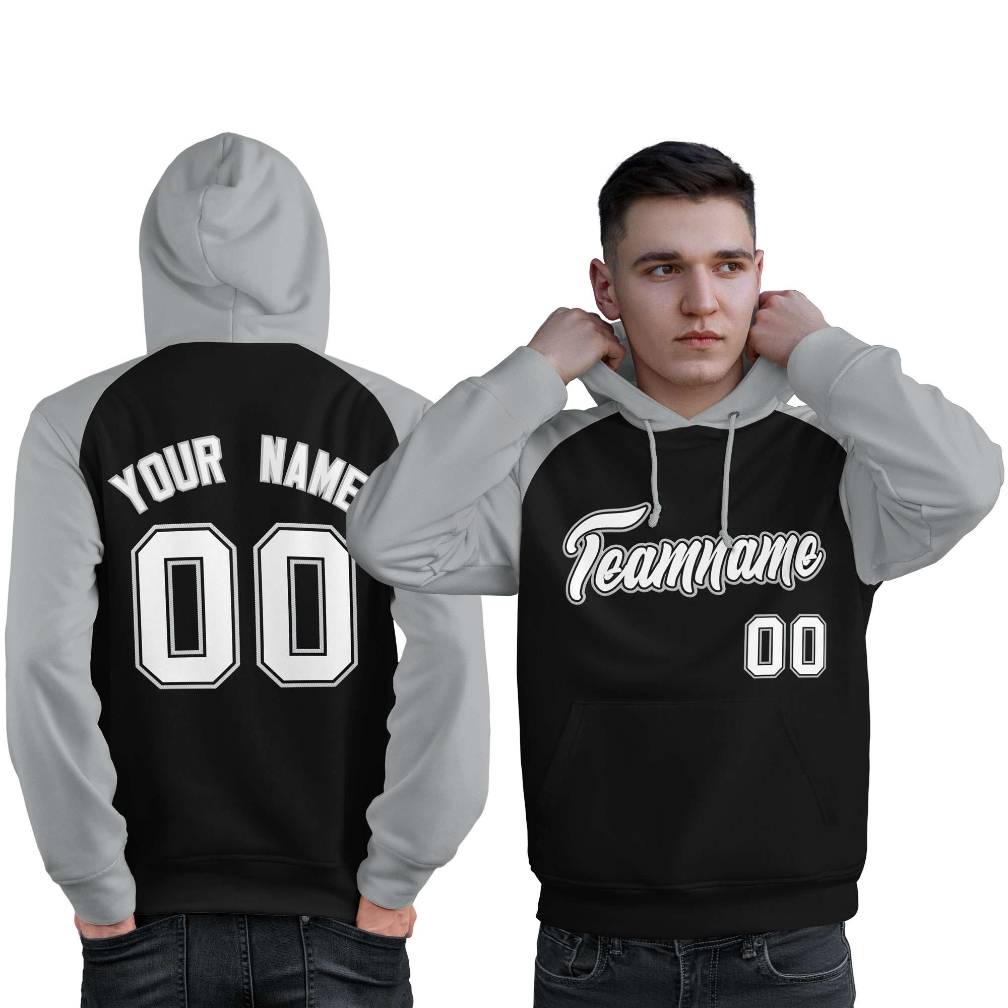 Custom Stitched Black Gray-White Raglan Sleeves Sports Pullover Sweatshirt Hoodie For Men