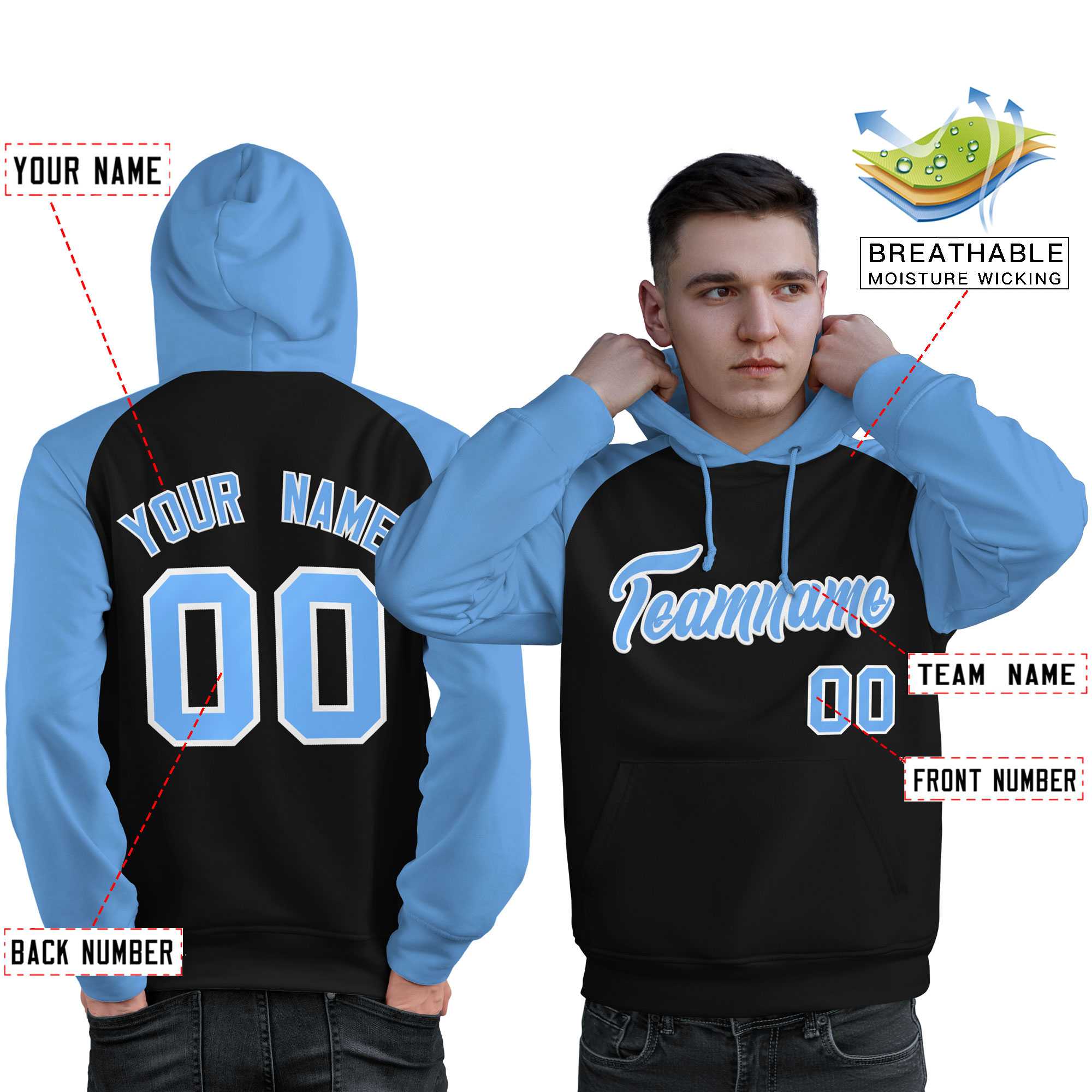 Custom Stitched Black Powder Blue Raglan Sleeves Sports Pullover Sweatshirt Hoodie For Men