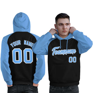 Custom Stitched Black Powder Blue Raglan Sleeves Sports Pullover Sweatshirt Hoodie For Men