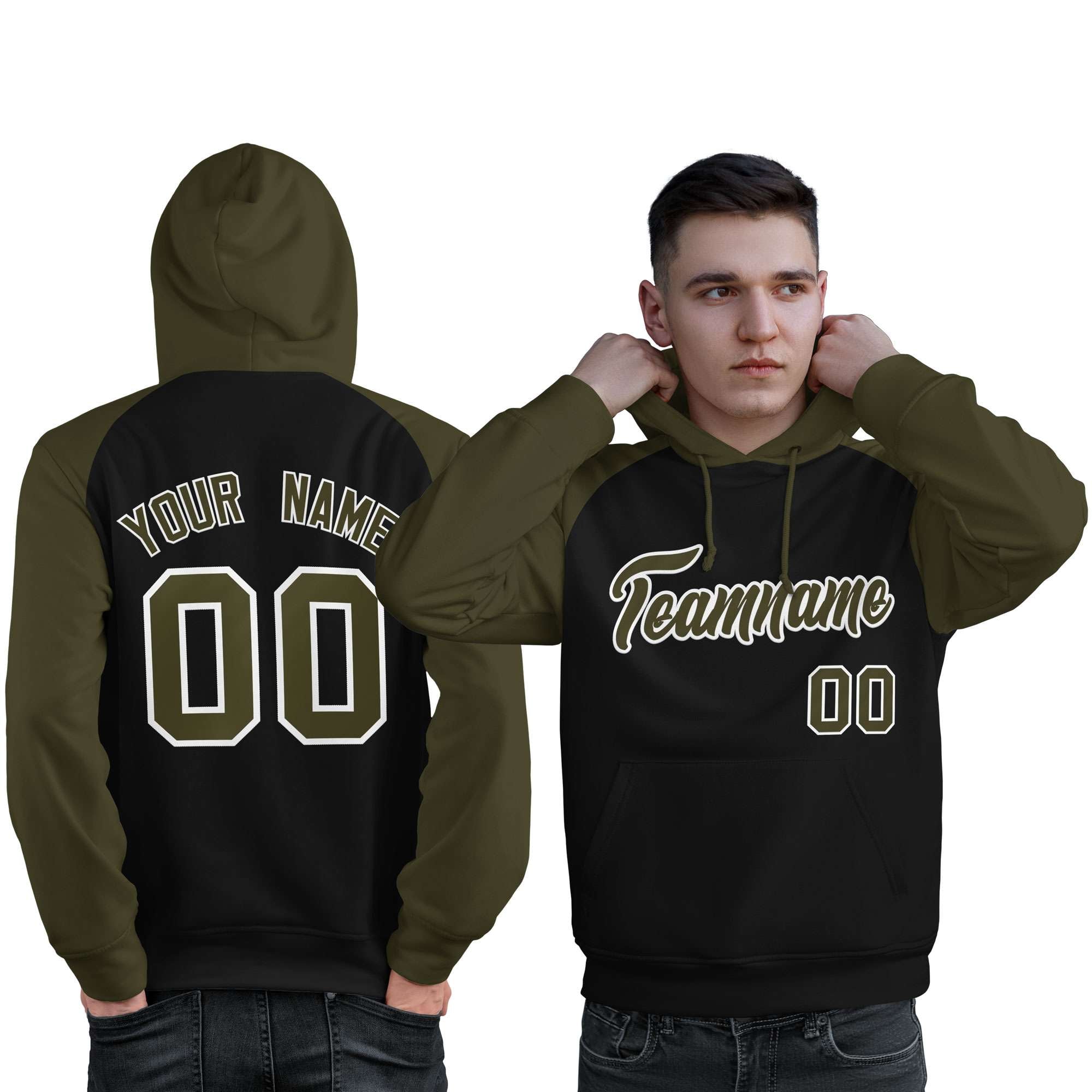 Custom Stitched Black Olive Raglan Sleeves Sports Pullover Sweatshirt Hoodie For Men