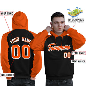 Custom Stitched Black Orange Raglan Sleeves Sports Pullover Sweatshirt Hoodie For Men